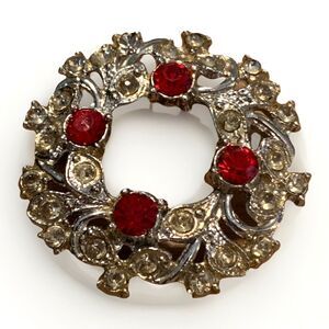 Vintage Rhinestone Wreath Brooch Red Clear Round Holiday Pin